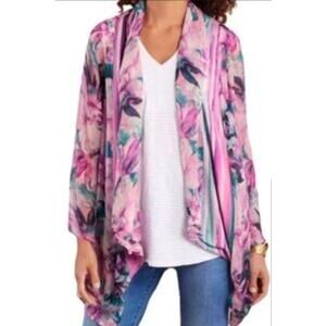 Womens Soft Surroundings Floral Chiffon Waterfalll Kimono Cardigan Pink Purple L